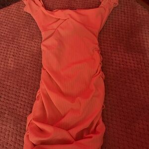 Windsor Orange Pink Ruched Bodycon Mini Dress